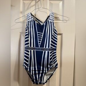 GK Simone Biles Navy and White Striped Gymnastics Leotard